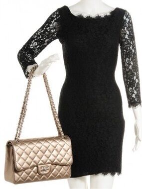 CHANEL Classic Quilted Metallic Champagne Jumbo Double Flap Crossbody